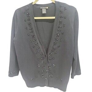 Sweaterworks Knit Beaded Flowers Black Cardigan Sz L